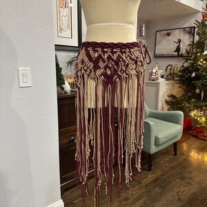Original GoodVibeGoda Handmade Burgundy and Cream Fringe Macramé Skirt